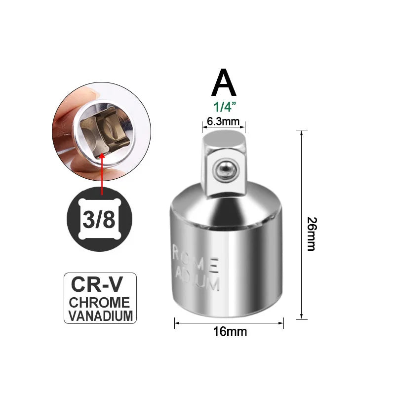 Adaptador de Encaixe de Catraca Conversor 1/2" 3/8" 1/4" em Aço Inoxidável