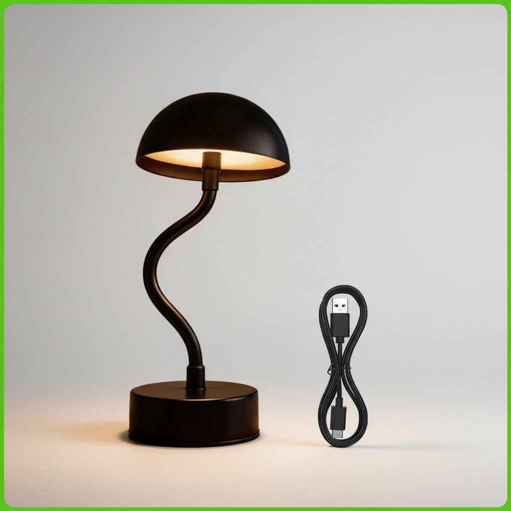  Candeeiro LED KidsLight preto pescoço de ganso com base redonda e cabo USB-C
