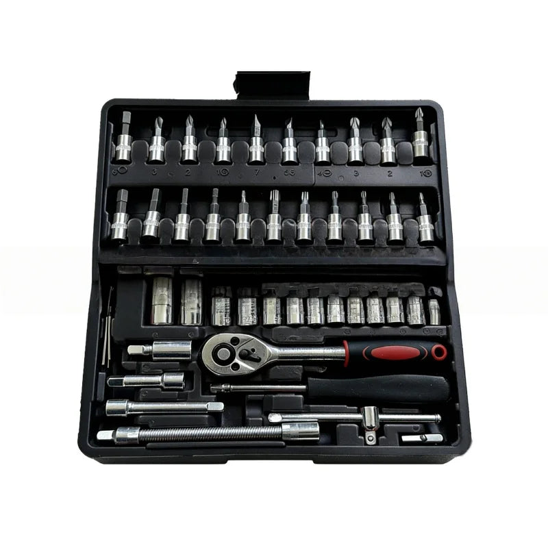 Conjunto de 46 Peças de Chave de Catraca e Soquetes 1/4" com Extensões em Aço Cromo-Vanádio