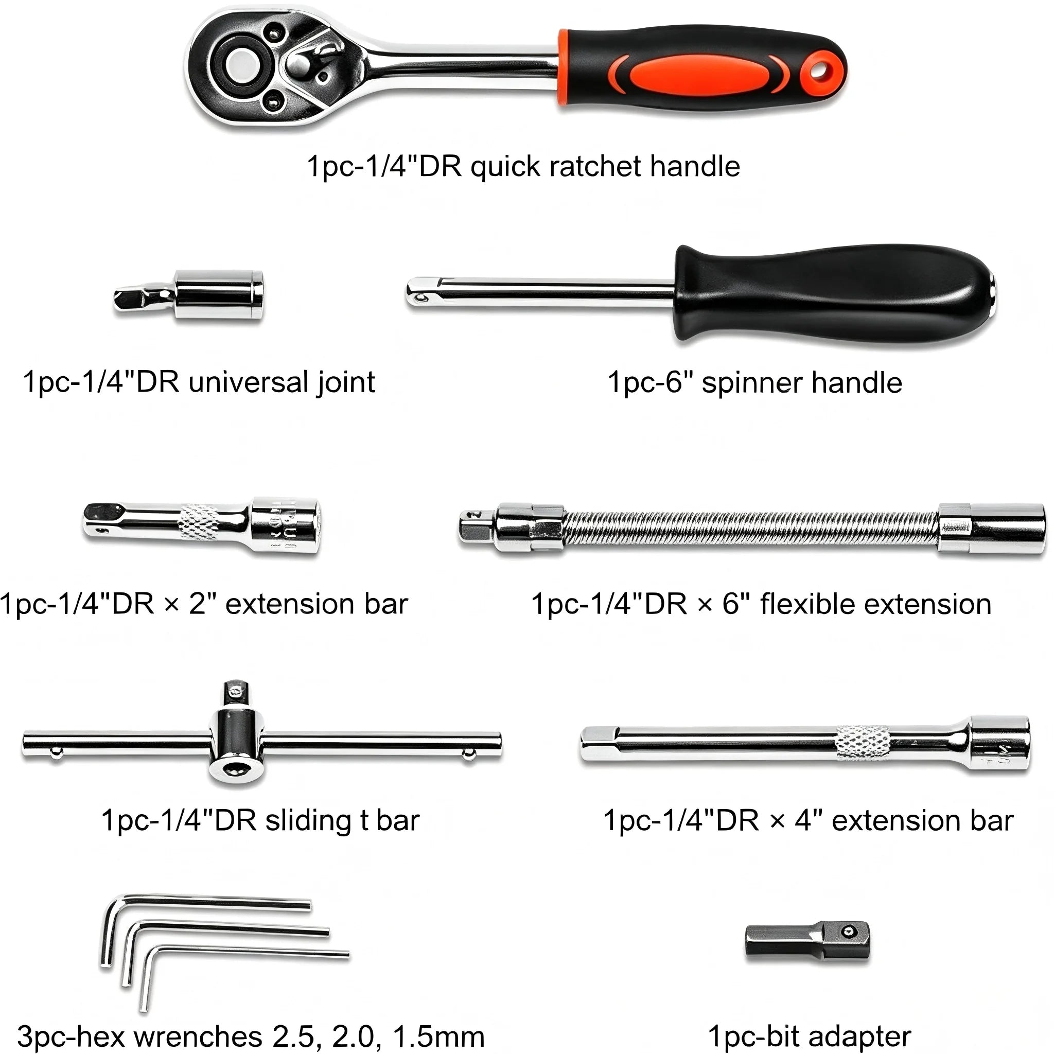 Conjunto de 46 Peças de Chave de Catraca e Soquetes 1/4" com Extensões em Aço Cromo-Vanádio