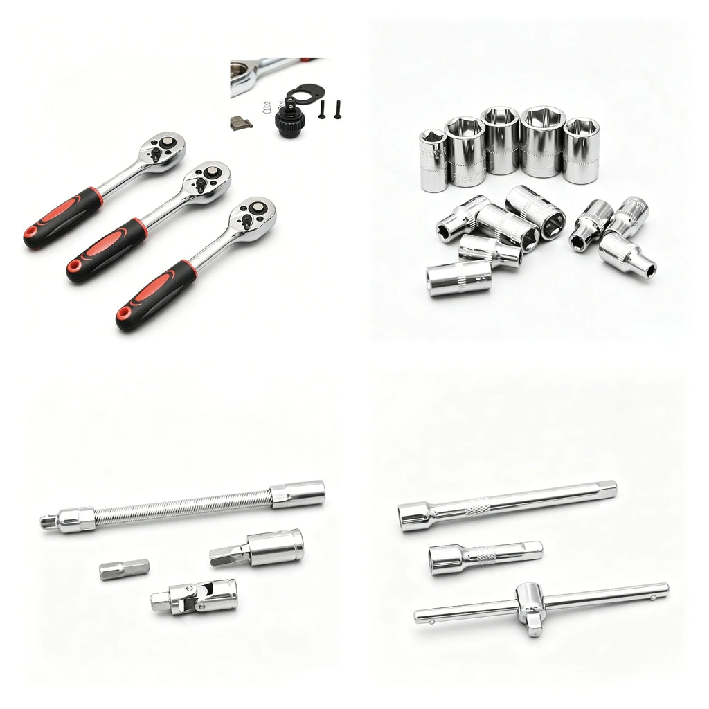 Conjunto de 46 Peças de Chave de Catraca e Soquetes 1/4" com Extensões em Aço Cromo-Vanádio