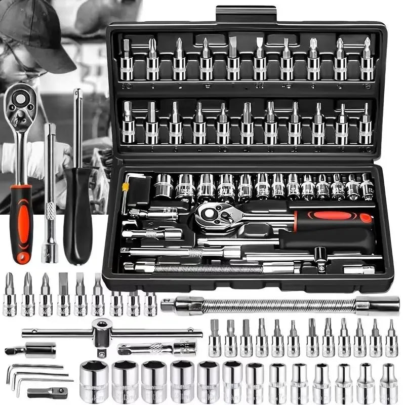 Conjunto de 46 Peças de Chave de Catraca e Soquetes 1/4" com Extensões em Aço Cromo-Vanádio