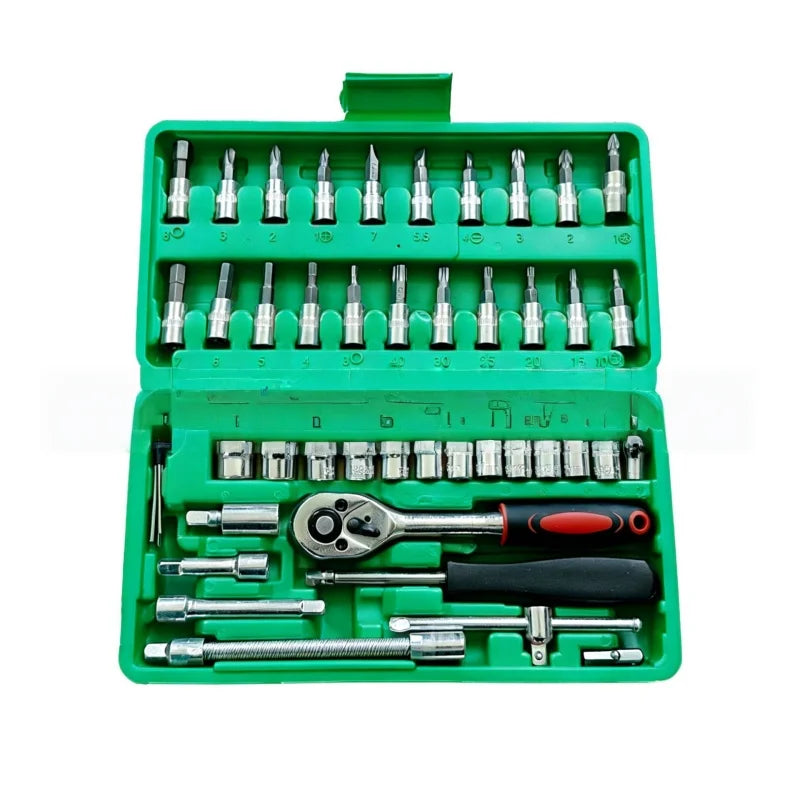 Conjunto de 46 Peças de Chave de Catraca e Soquetes 1/4" com Extensões em Aço Cromo-Vanádio