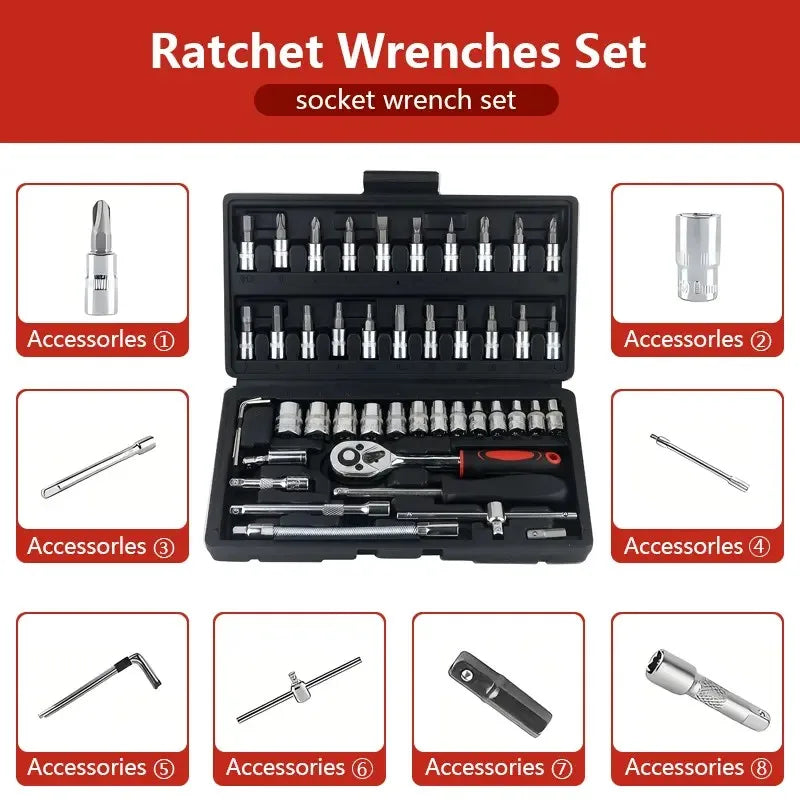 Conjunto de 46 Peças de Chave de Catraca e Soquetes 1/4" com Extensões em Aço Cromo-Vanádio