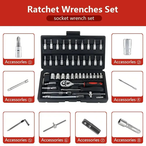 Conjunto de 46 Peças de Chave de Catraca e Soquetes 1/4" com Extensões em Aço Cromo-Vanádio