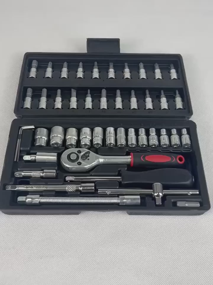 Conjunto de 46 Peças de Chave de Catraca e Soquetes 1/4" com Extensões em Aço Cromo-Vanádio